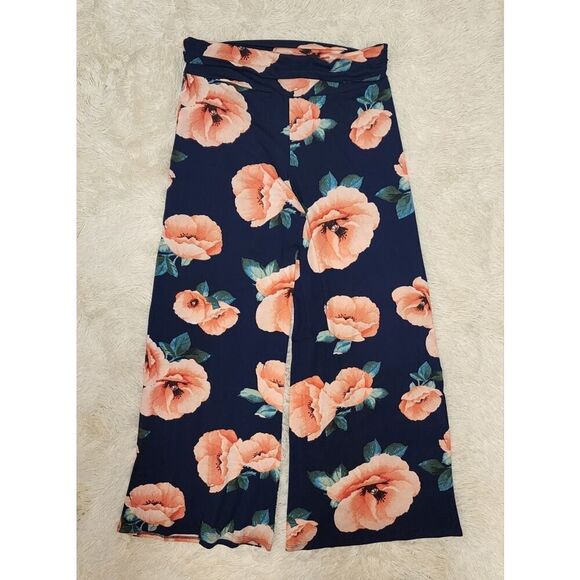 HONEY & LACE Womens Palazzo Wide Leg Floral Blue Pants Boho Retro Plus Size 2X - Picture 7 of 9